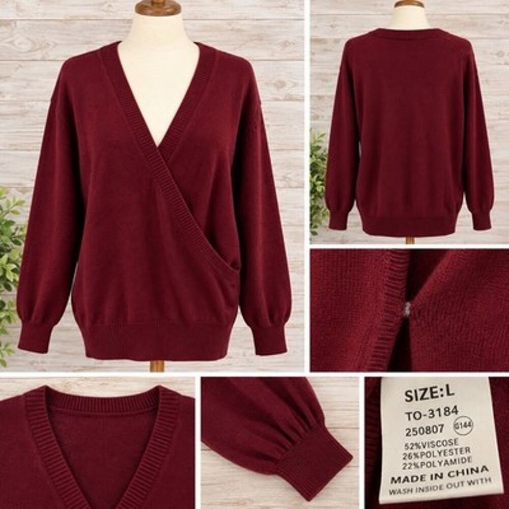 Women’s V-Neck Wrap Front Knit Sweater Long Sleeve Burgundy L NWOT